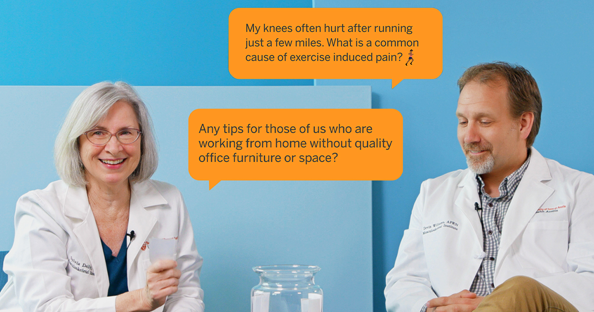Chiropractors Sylvia Deily, DC, Cert-MDT and Devin Williams, DC, NP-C from UT Health Austin's Musculoskeletal Institute appear in this screenshot from the "Asking for a Friend" video.
