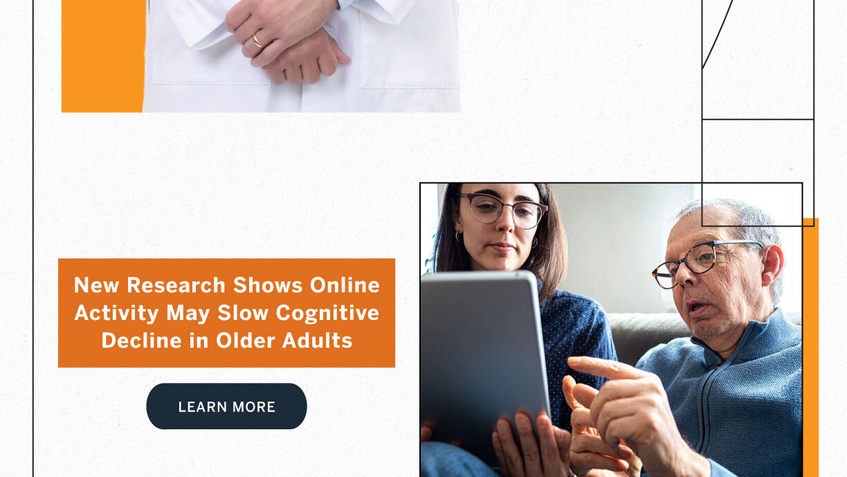 Young woman and older man sitting together on a couch, looking at a tablet screen, illustrating research on online activity and cognitive health in older adults.