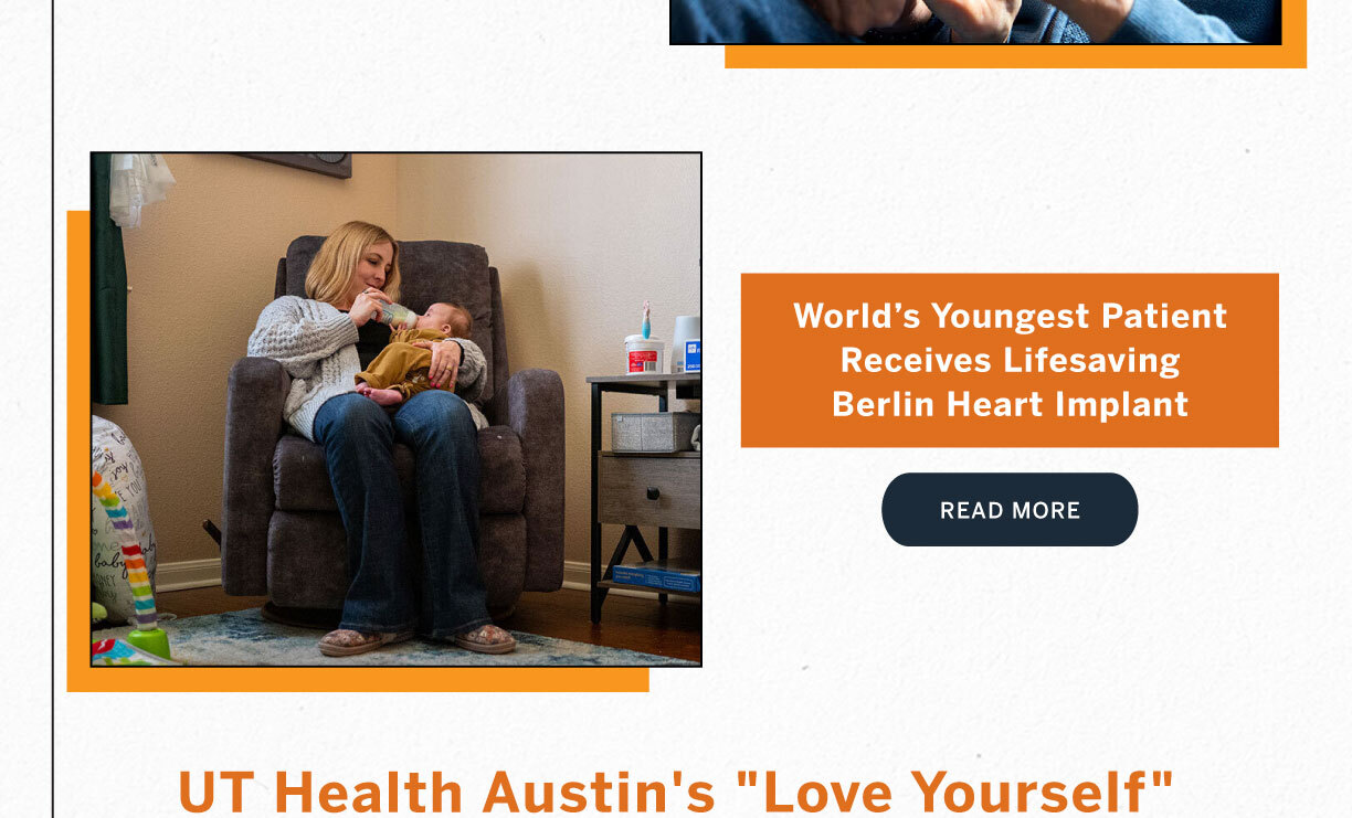 Woman sitting in a recliner feeding an infant with a bottle in a cozy room, part of a UT Health Austin story about the world’s youngest patient receiving a Berlin Heart implant.