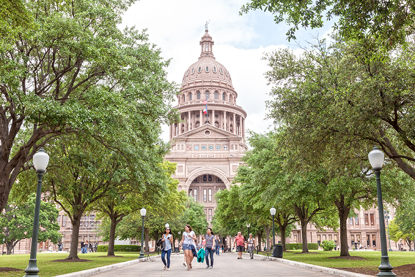 Tree-lined path leading up to the Texas capitol building