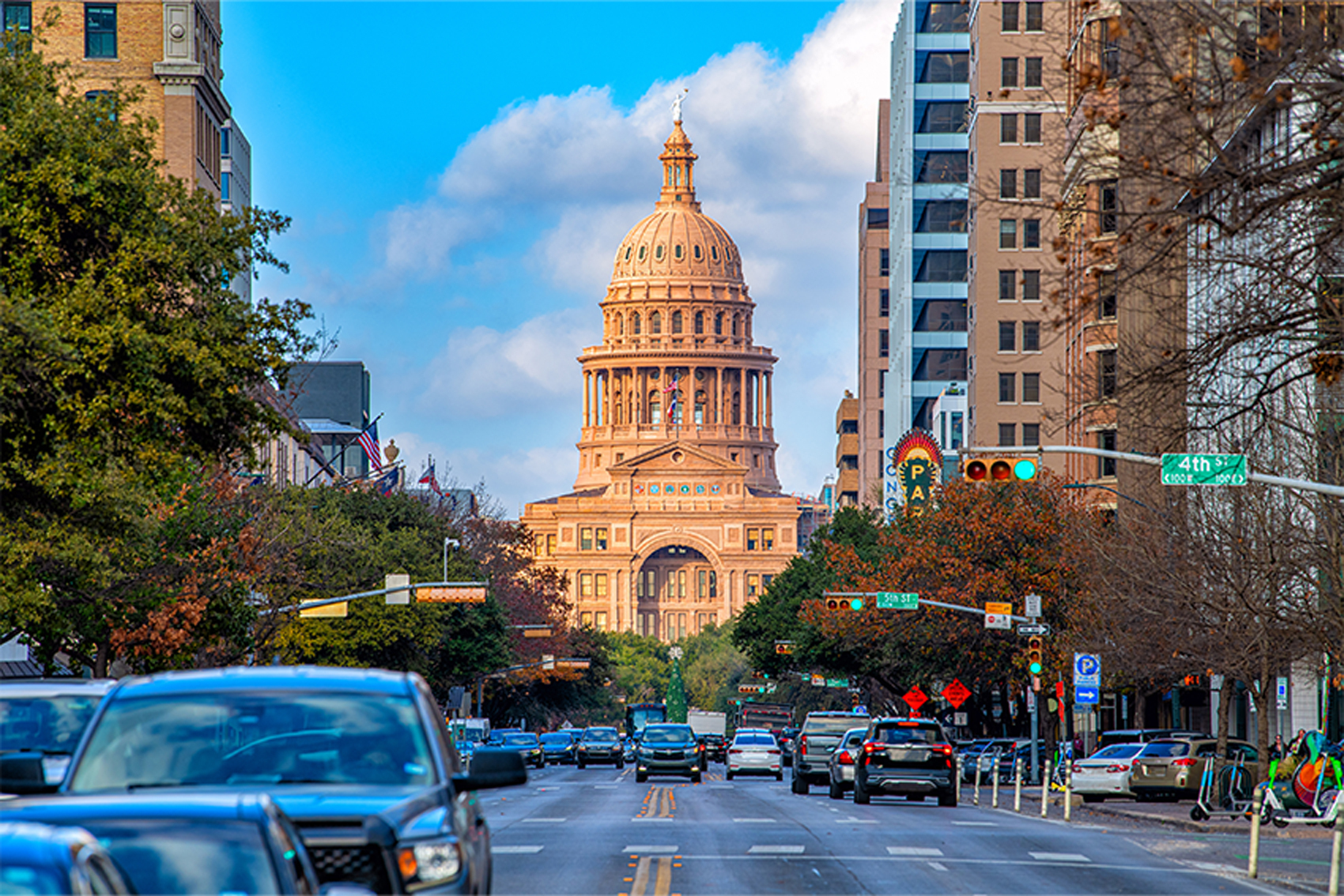 The Texas Capitol as seen from Congress Avenue in downtown Austin.