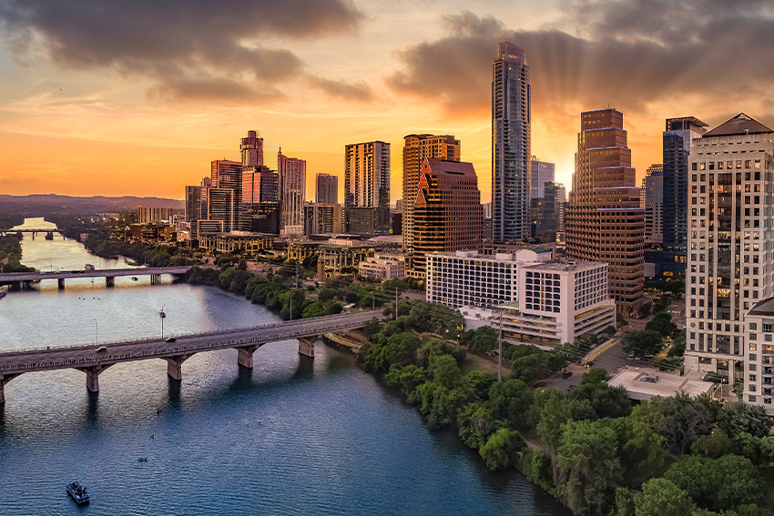 The Congress Avenue Bridge crossing Lady Bird Lake into downtown Austin.