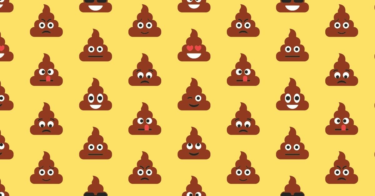 A graphic shows a repeating pattern of the standard "poop" emoji on a yellow background.