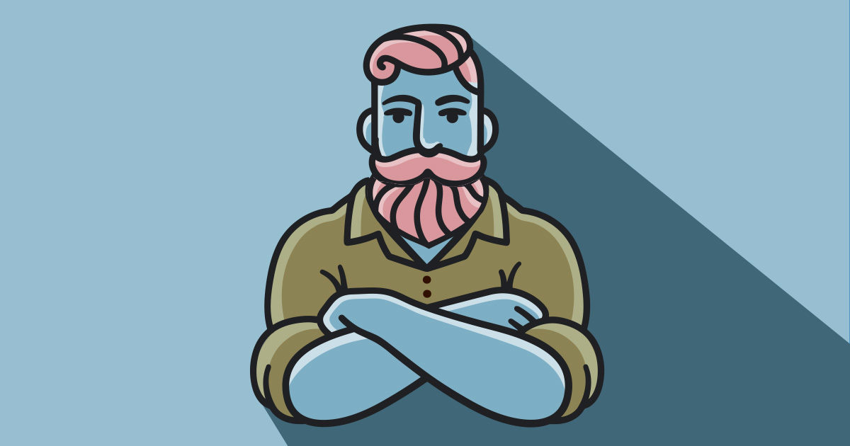 A stylized graphic of a bearded and mustachioed man crossing his arms.
