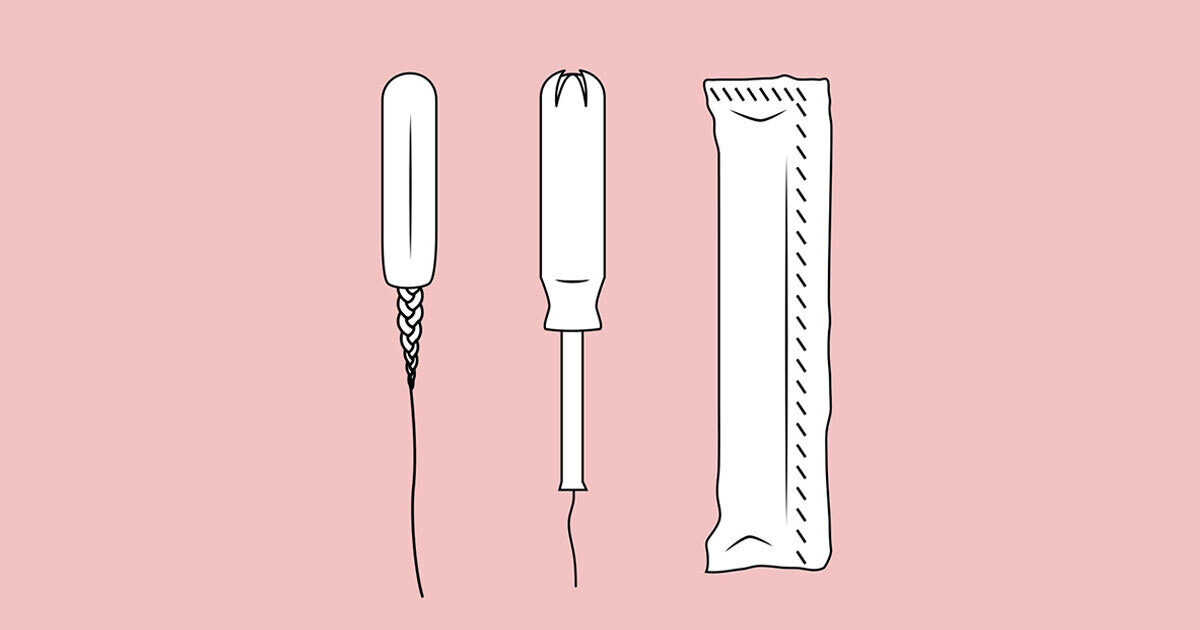 An illustration of an unwrapped tampon, a tampon in an applicator, and a tampon in a wrapper all against a pink background.