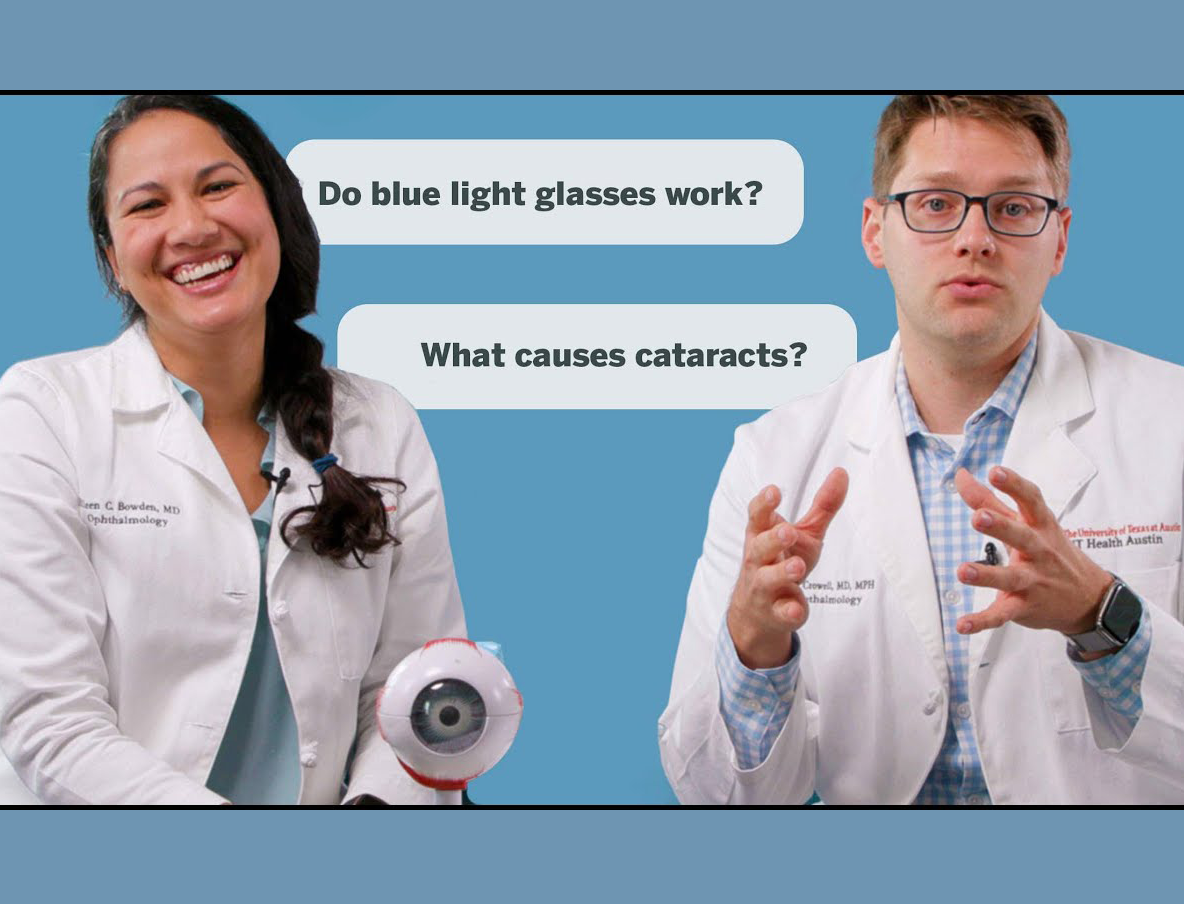 Ophthalmologists Eileen Bowden, MD, and Eric Crowell, MD, MPH, appear in front of a blue background.