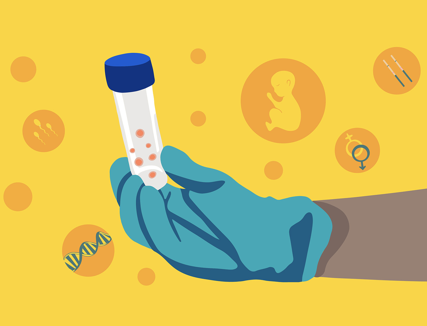 Illustration of a gloved hand holding a test tube.