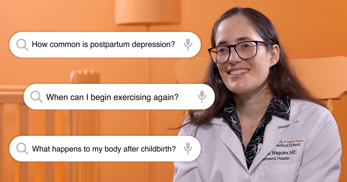 Dr. Karla Maguire is seated in an orange rocking chair in a completely orange nursery room.  She is smiling at the camera, and the questions "How common is postpartum depression?", "When can I begin exercising again?", and "What happens to my body after childbirth?" are displayed in text to her left.