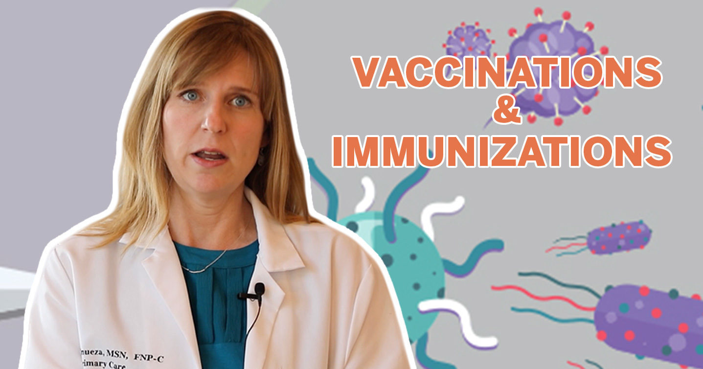 An image of Kristen Vinueza, Nurse Practitioner in the Primary Care unit at UT Health Austin, is superimposed in front of a graphic background. Text reads "Vaccinations and Immunizations."