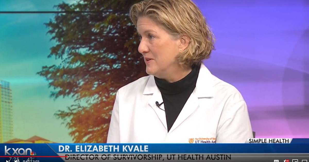 Elizabeth Kvale, MD, Director of Survivorship for the LIVESTRONG Cancer Institutes speaks with a reporter in this screengrab from a KXAN-TV newscast.