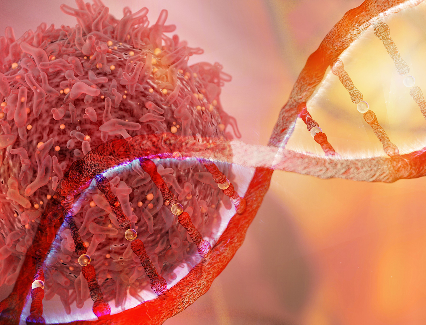 A graphic showing a strand of DNA and a cancer cell.
