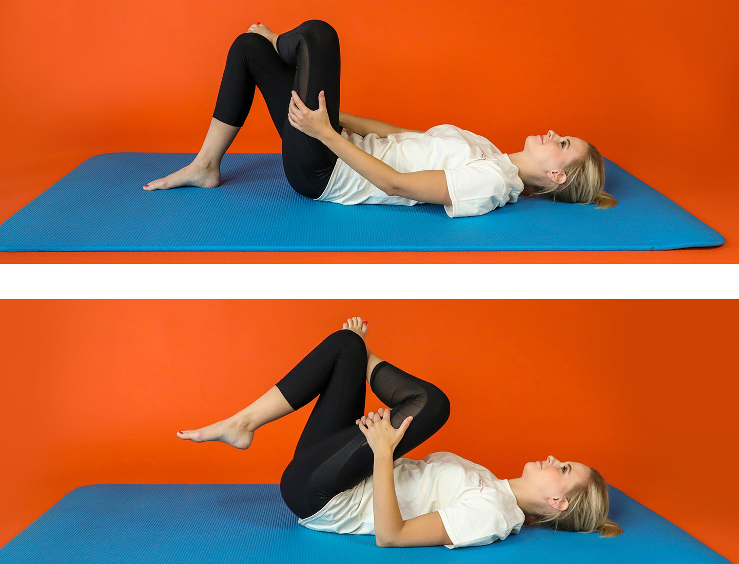 In two images, a young woman lies on her back on a yoga mat performing stretches.