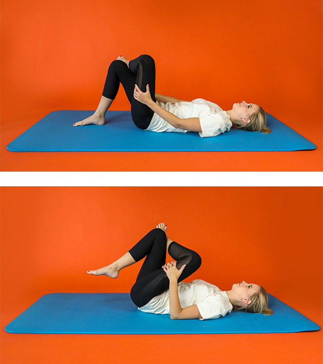 In two images, a young woman lies on her back on a yoga mat performing stretches.