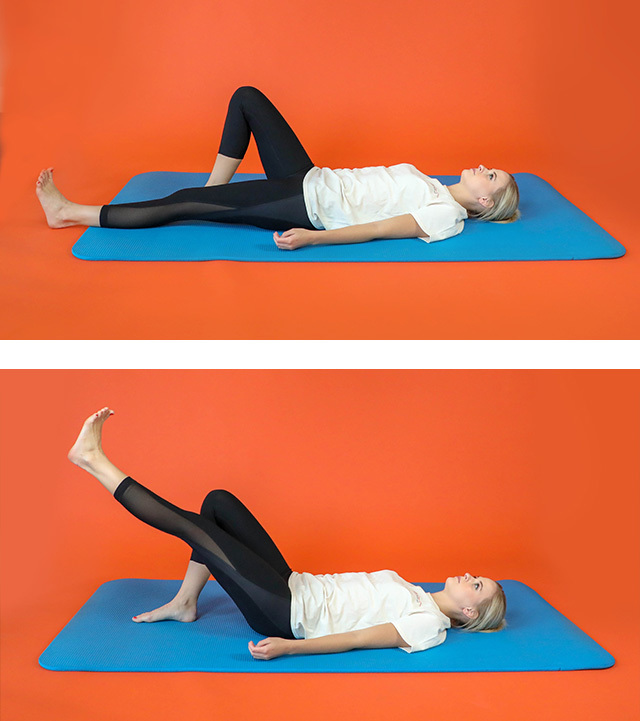 In two images, a young woman lies on her back on a yoga mat performing bent-leg to straight-leg movements.