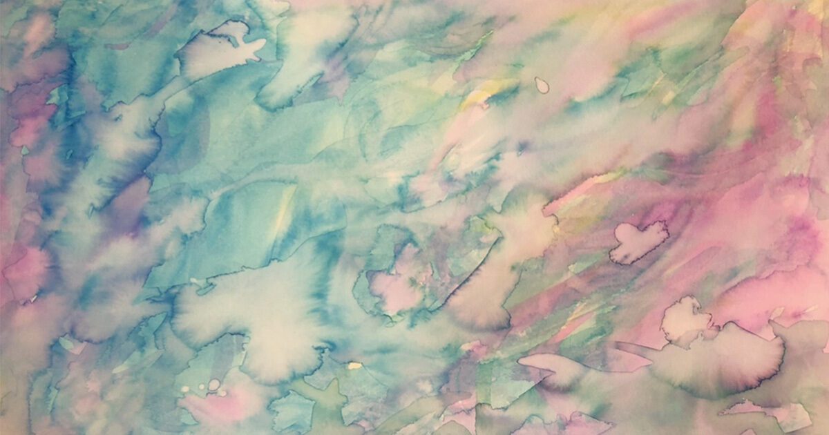 An abstract pink, purple, and blue watercolor painting.