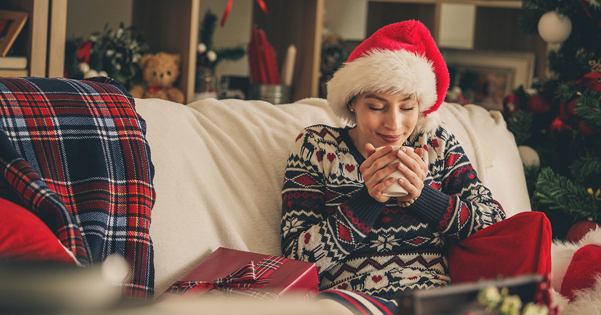 Woman practicing mindfulness on Christmas morning