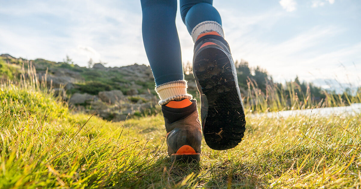 A closeup shows the back side of a hiker's boots walking through grass on a sunny day.