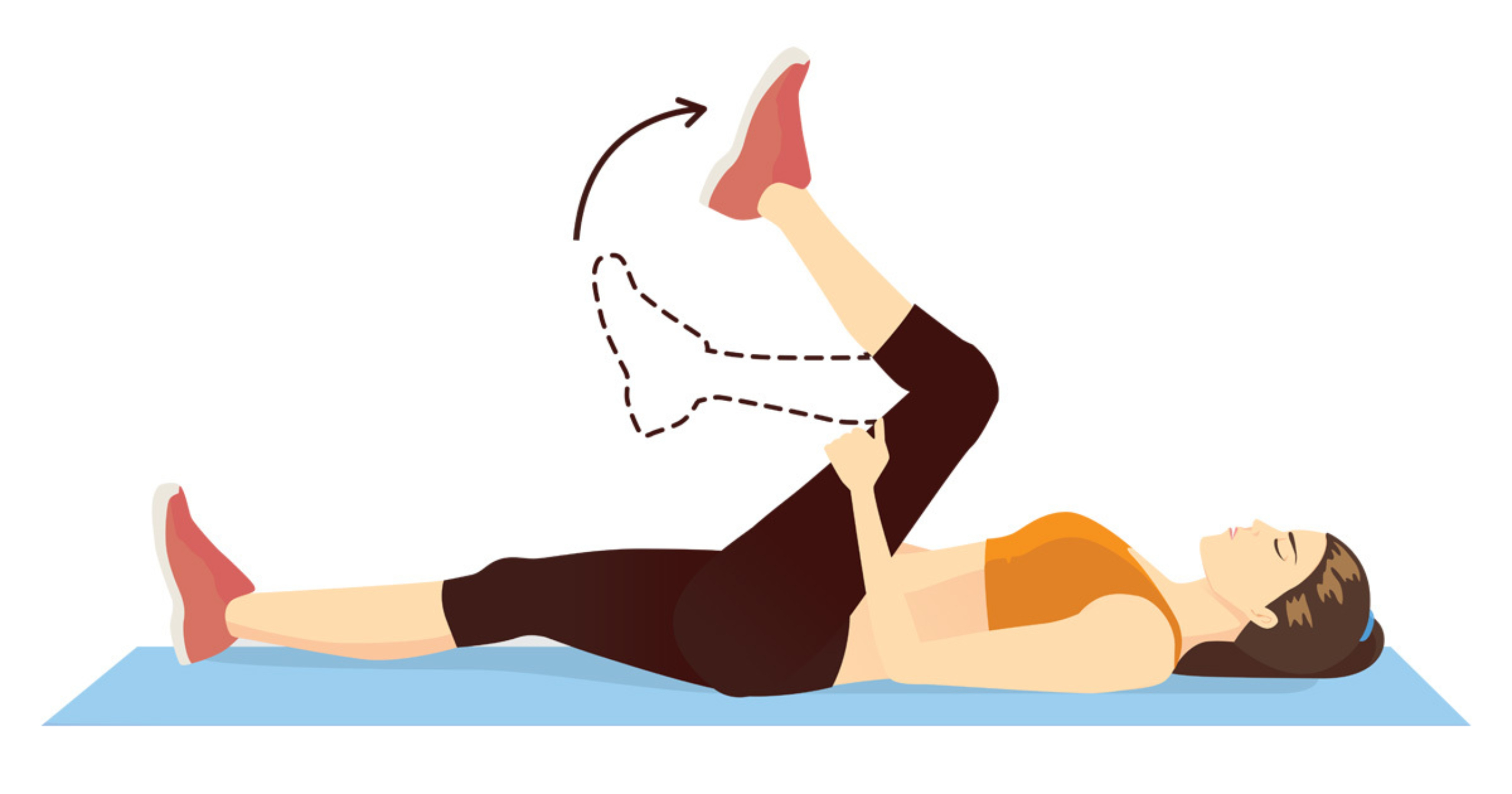 Hamstring stretch illustrated. A woman lies on a yoga mat with one leg on the ground and another pulled towards her chest. Motion lines indicate the knee of the stretched leg bending.