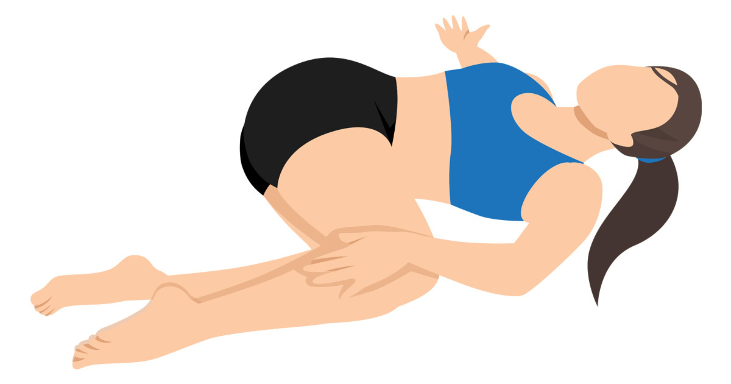 Spinal twist illustrated. A woman lies with her back on the ground. Her right arm is stretched to her side and both legs are bent and stacked to the left side of her body, with her left arm resting on top of her knees.