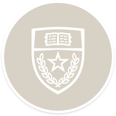 The UT Austin crest in white against a beige background.